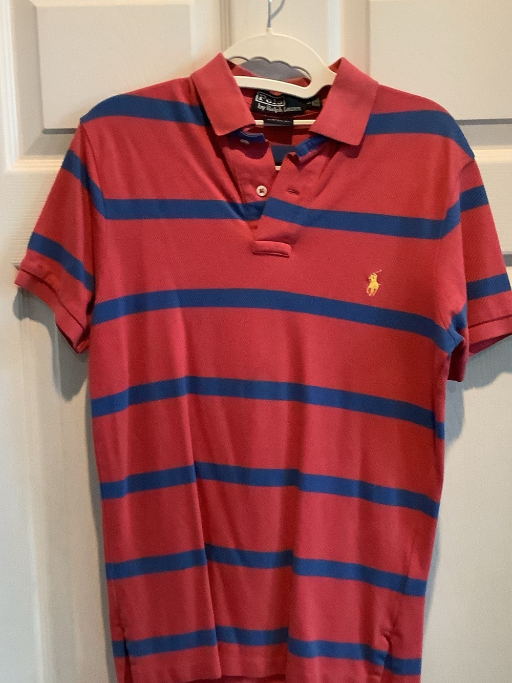 Ralph Lauren Pink Polo with Blue Stripes and Yellow Pony
